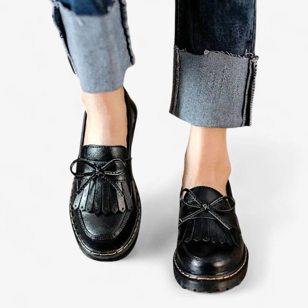 AtelierMocassin Mocassins Femme Compensés en Cuir Noir à Franges