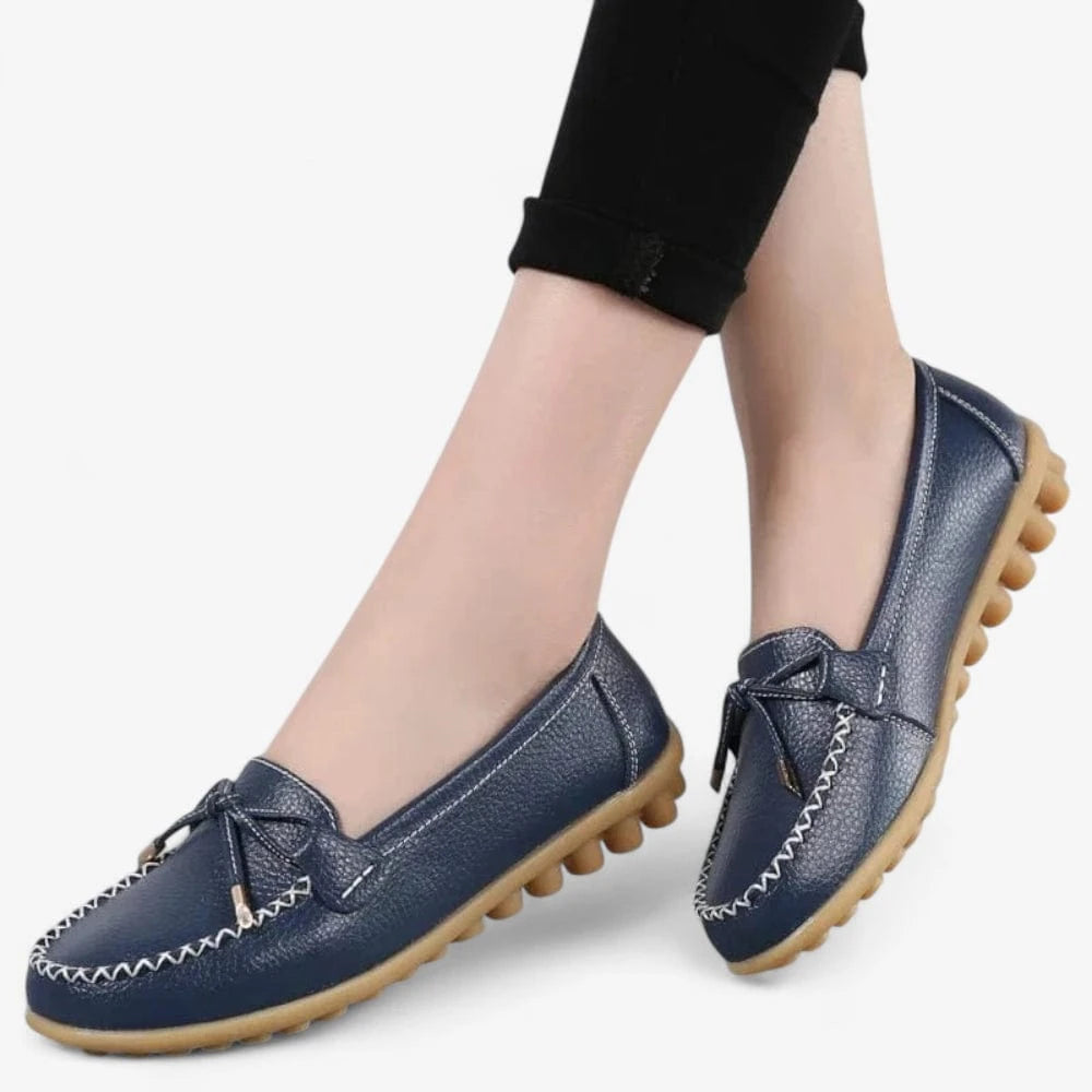 AtelierMocassin Mocassins Femme en Cuir Bleu Marine avec Nœud Esthétique