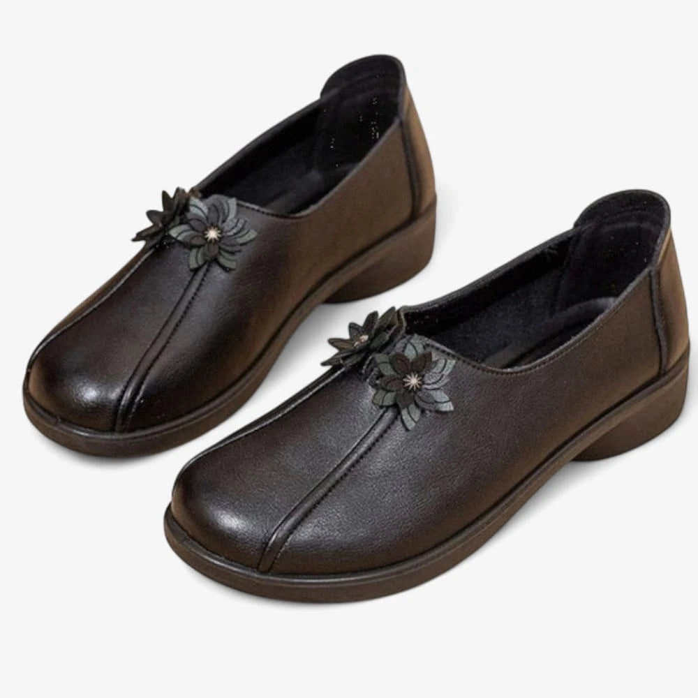 AtelierMocassin Mocassins Femme Souple en Cuir Noir à Fleurs