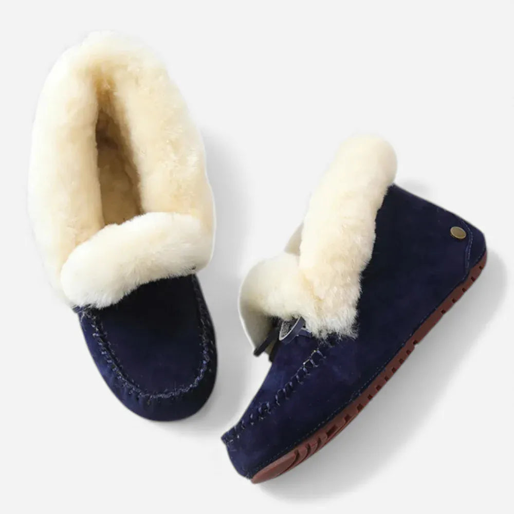 AtelierMocassin Mocassins Femme Hiver en Cuir et Laine Bleu Marine