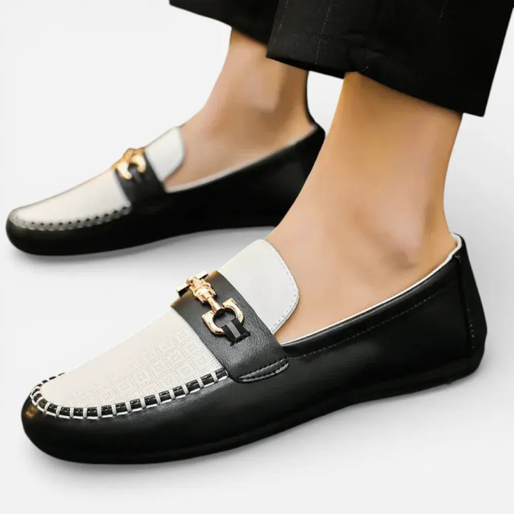 Mocassins Homme en Cuir Noir & Blanc Souple Slip-On
