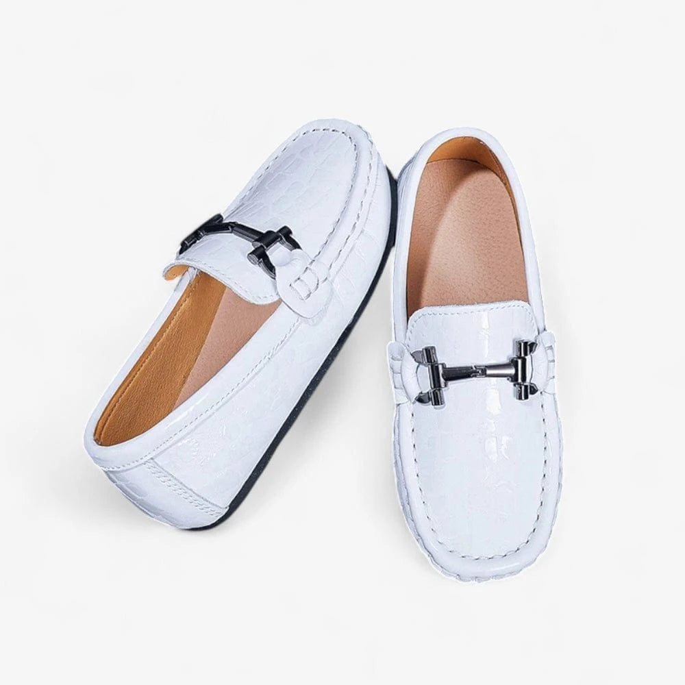 AtelierMocassin Mocassins Enfant en Cuir Blanc à Mors Métallique