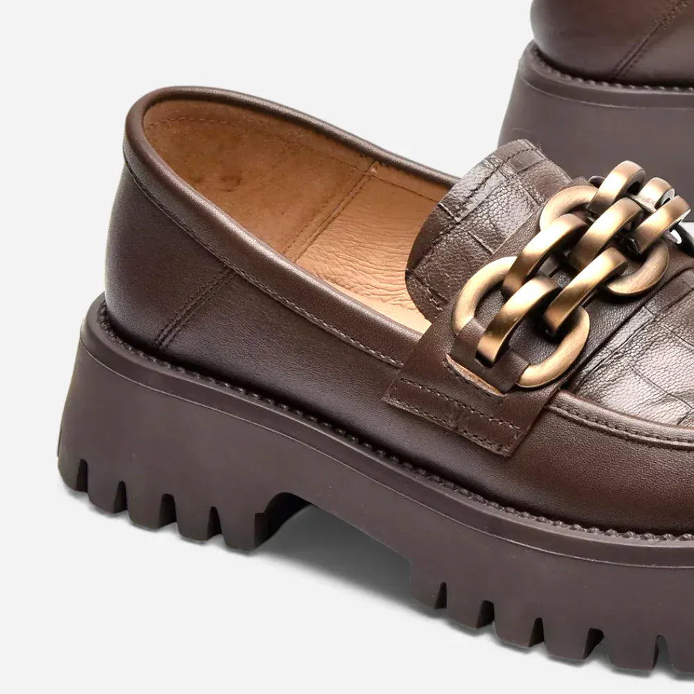 AtelierMocassin Mocassins Femme en Cuir Marron Plateforme avec Chaine