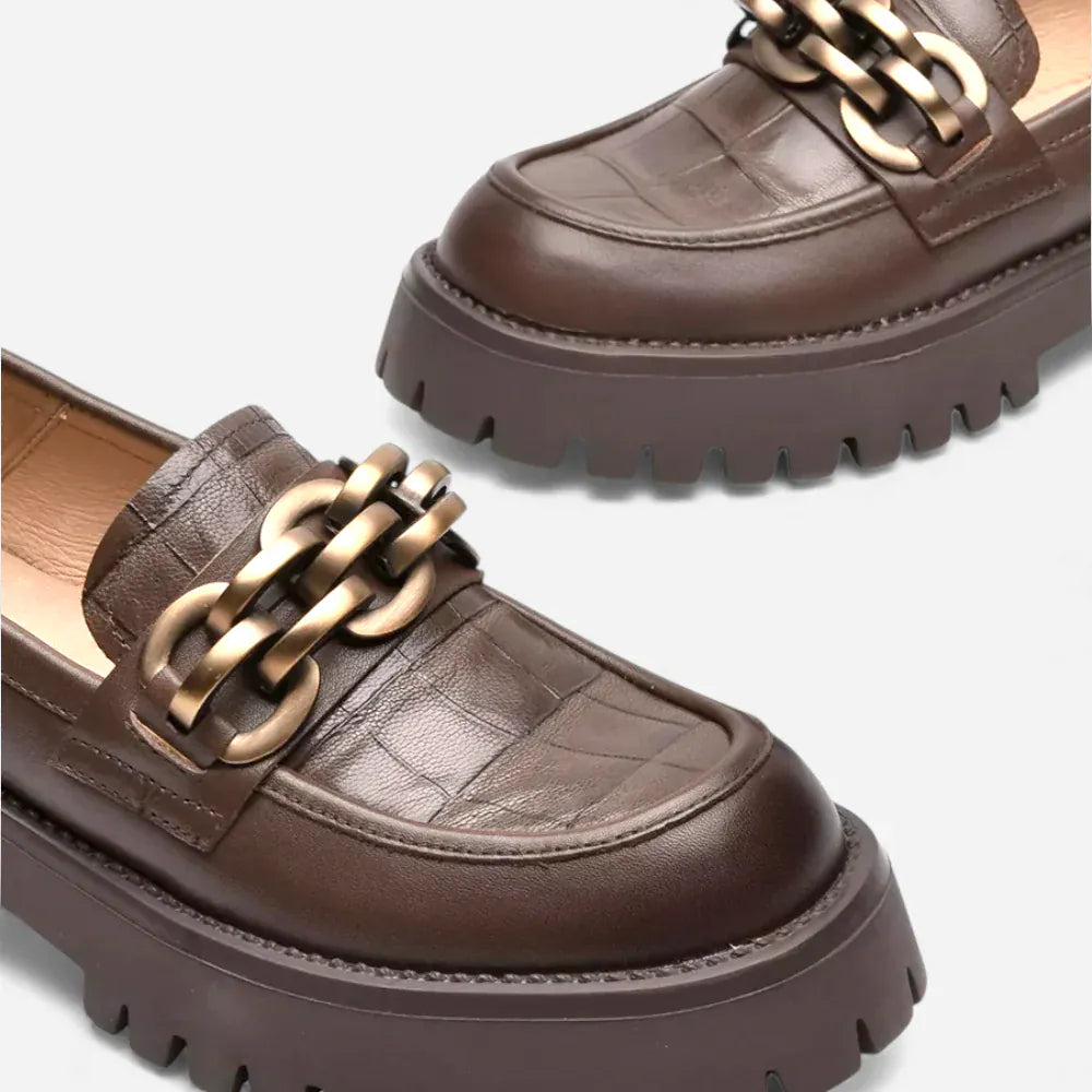 AtelierMocassin Mocassins Femme en Cuir Marron Plateforme avec Chaine