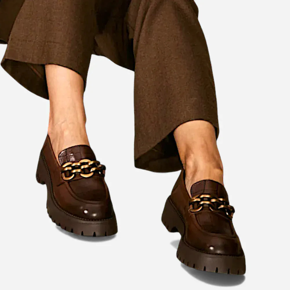 AtelierMocassin Mocassins Femme en Cuir Marron Plateforme avec Chaine