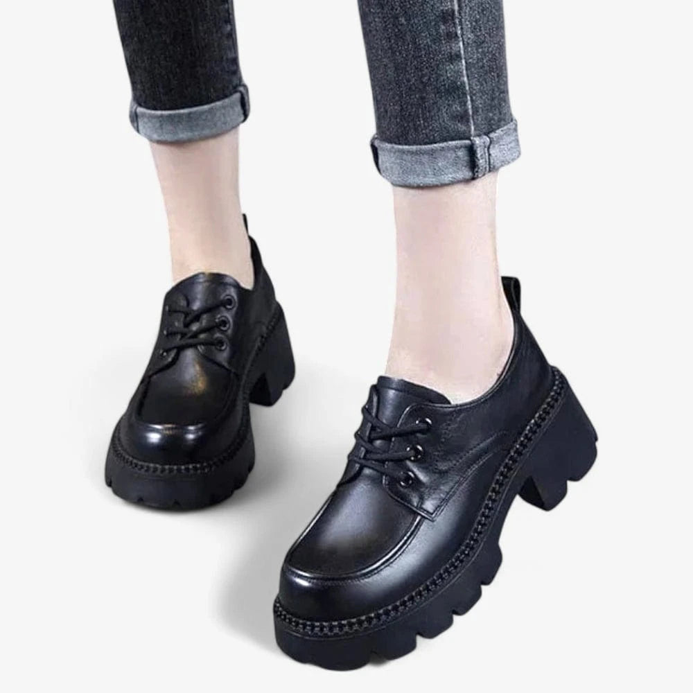 AtelierMocassin Mocassins Femme en Cuir Noir Plateforme à Lacets