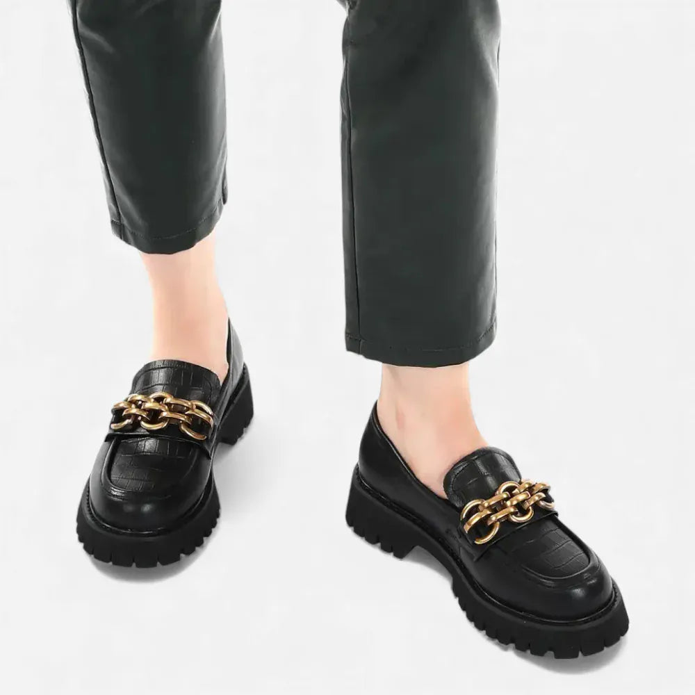 AtelierMocassin Mocassins Femme en Cuir Noir Plateforme avec Chaine