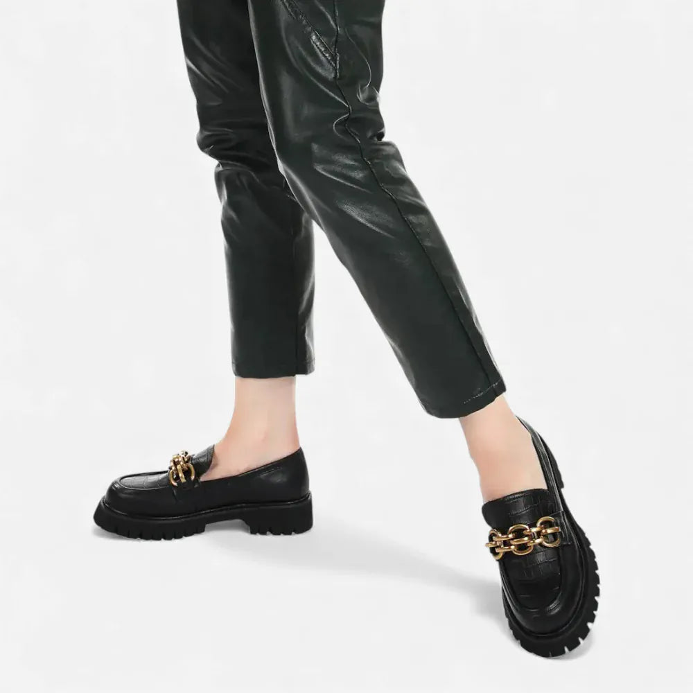 AtelierMocassin Mocassins Femme en Cuir Noir Plateforme avec Chaine