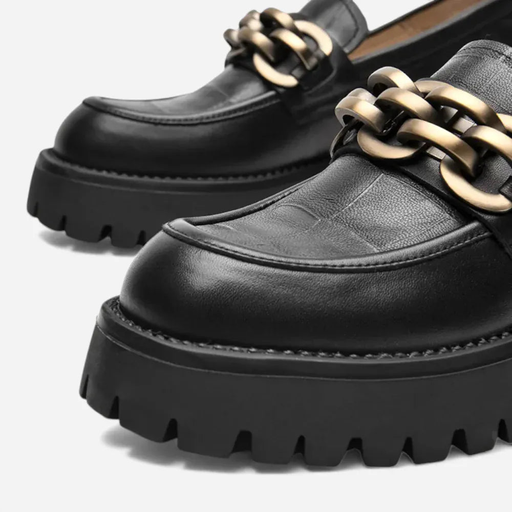 AtelierMocassin Mocassins Femme en Cuir Noir Plateforme avec Chaine