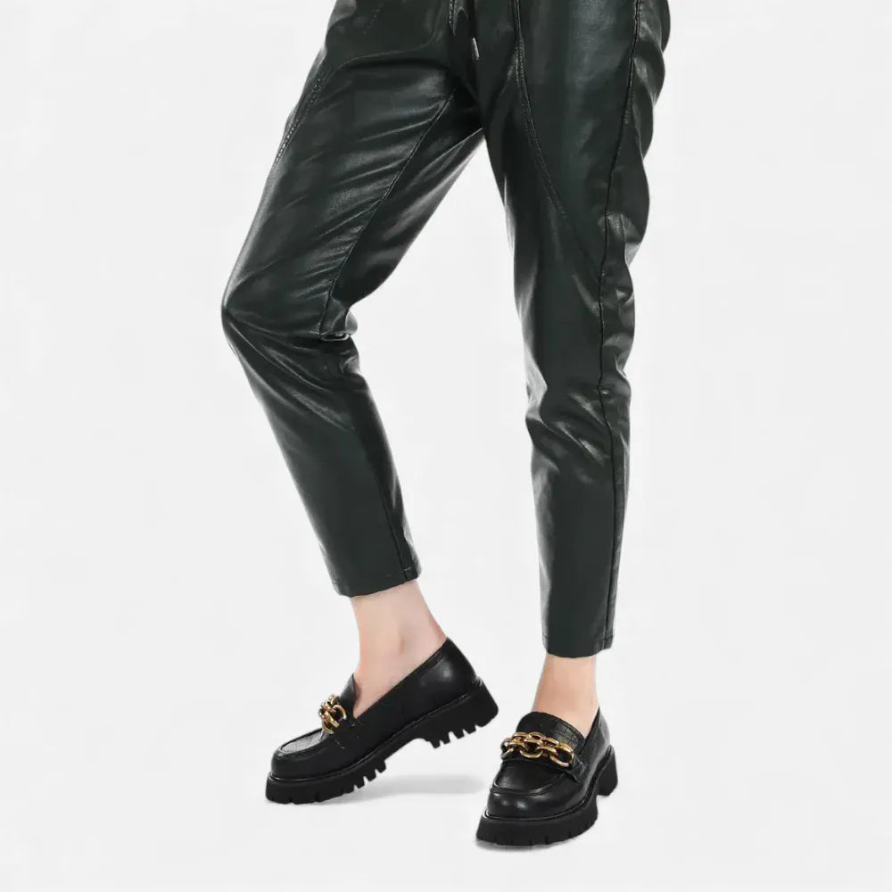 AtelierMocassin Mocassins Femme en Cuir Noir Plateforme avec Chaine