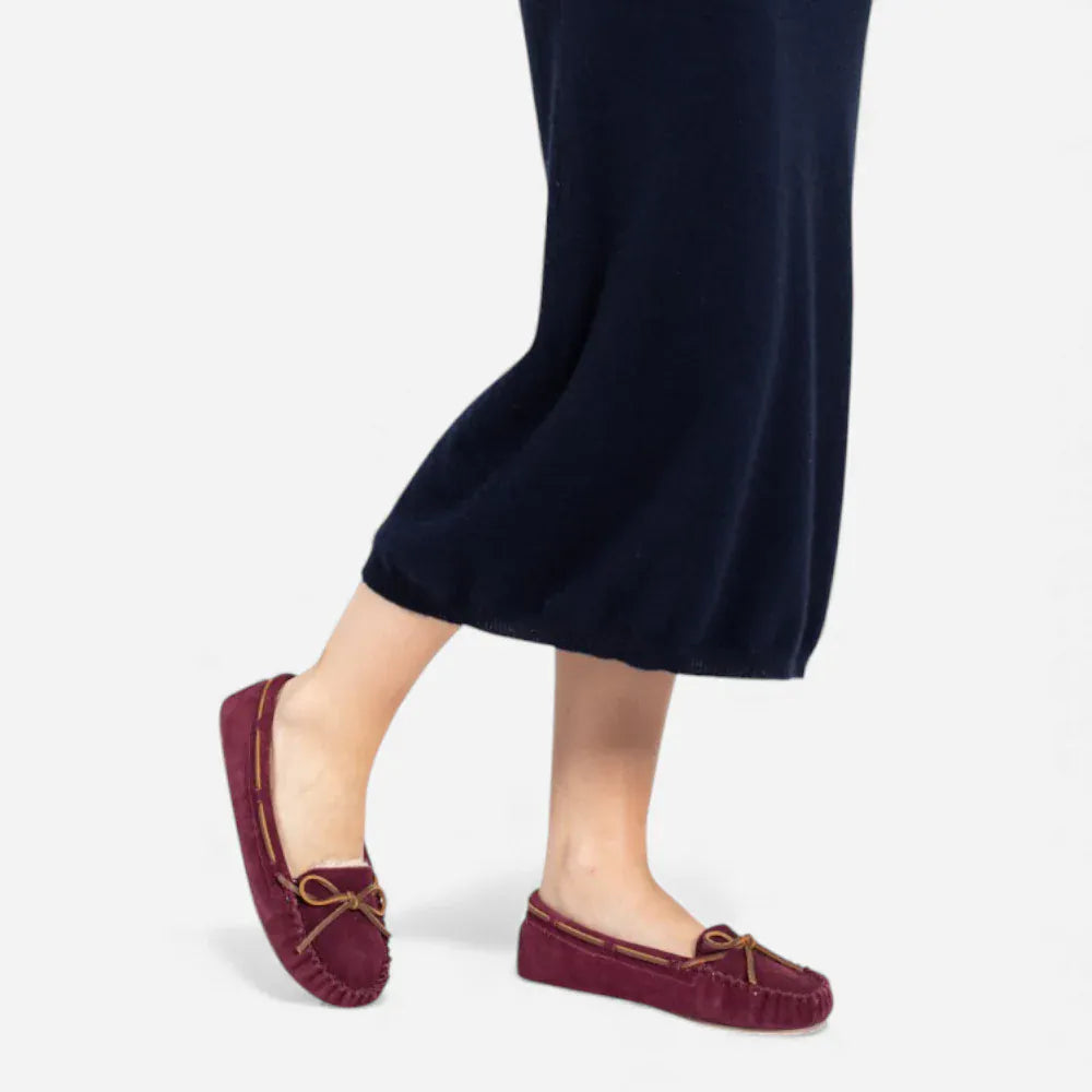 AtelierMocassin Mocassins Femme Hiver en Cuir & Laine Bordeaux à Lacet Décoratif