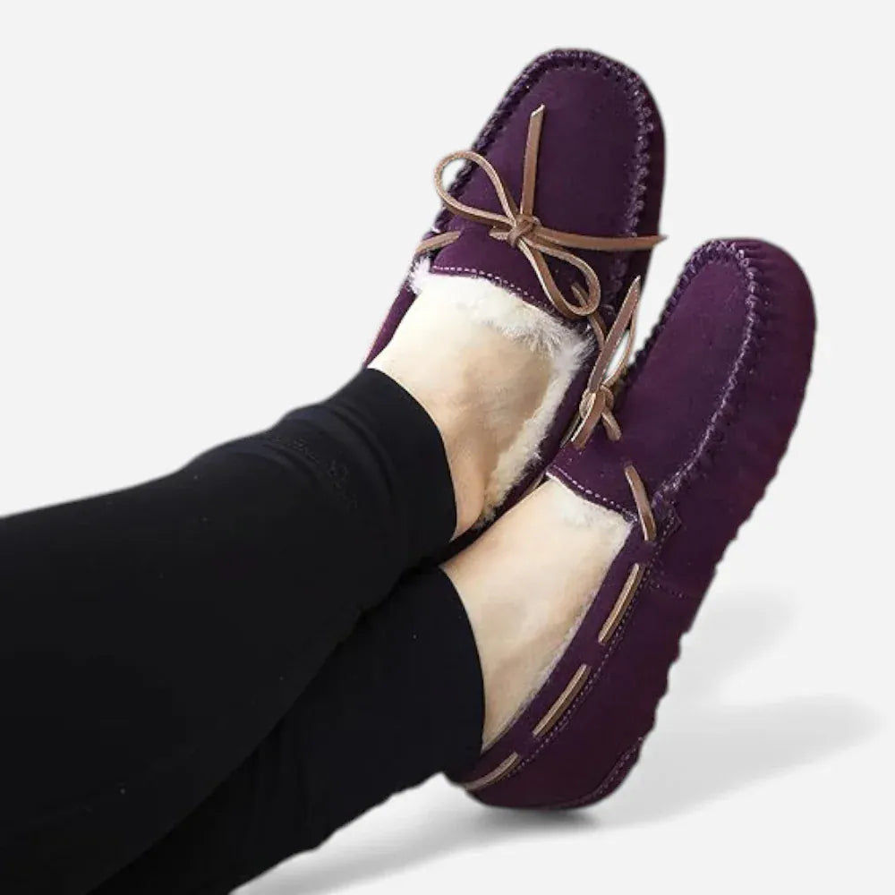 AtelierMocassin Mocassins Femme Hiver en Cuir & Laine Marron à Lacet Décoratif