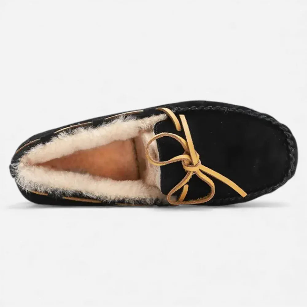 AtelierMocassin Mocassins Femme Hiver en Cuir & Laine Noirs à Lacet Décoratif