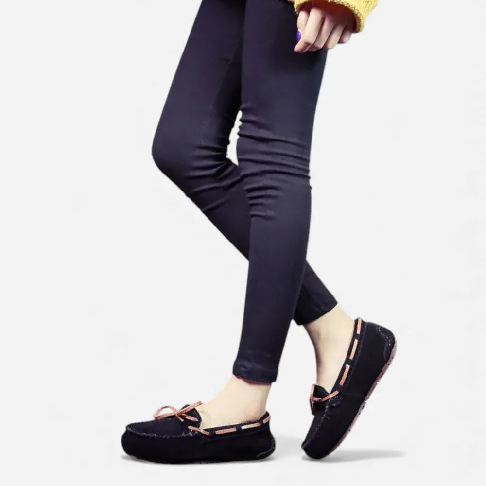 AtelierMocassin Mocassins Femme Hiver en Cuir & Laine Noirs à Lacet Décoratif