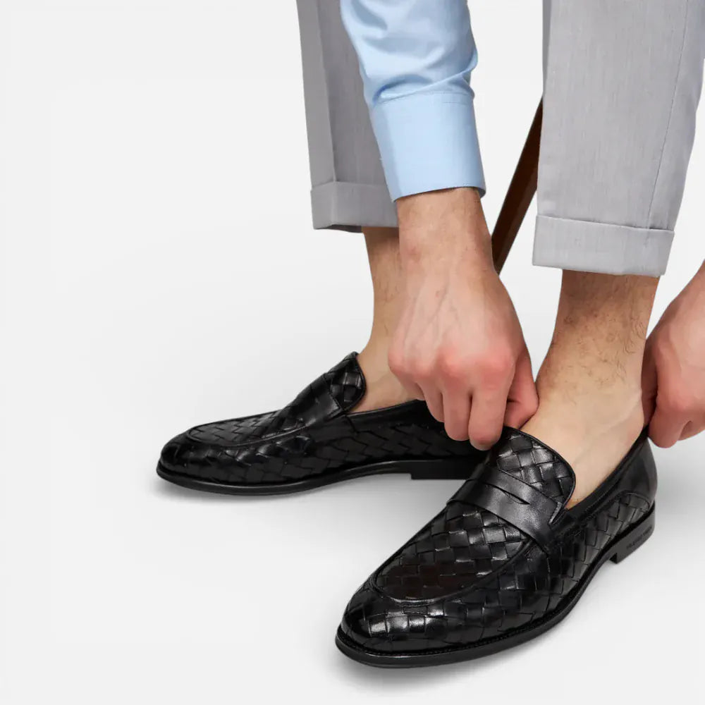 AtelierMocassin Mocassins Homme en Cuir Noir Tressés