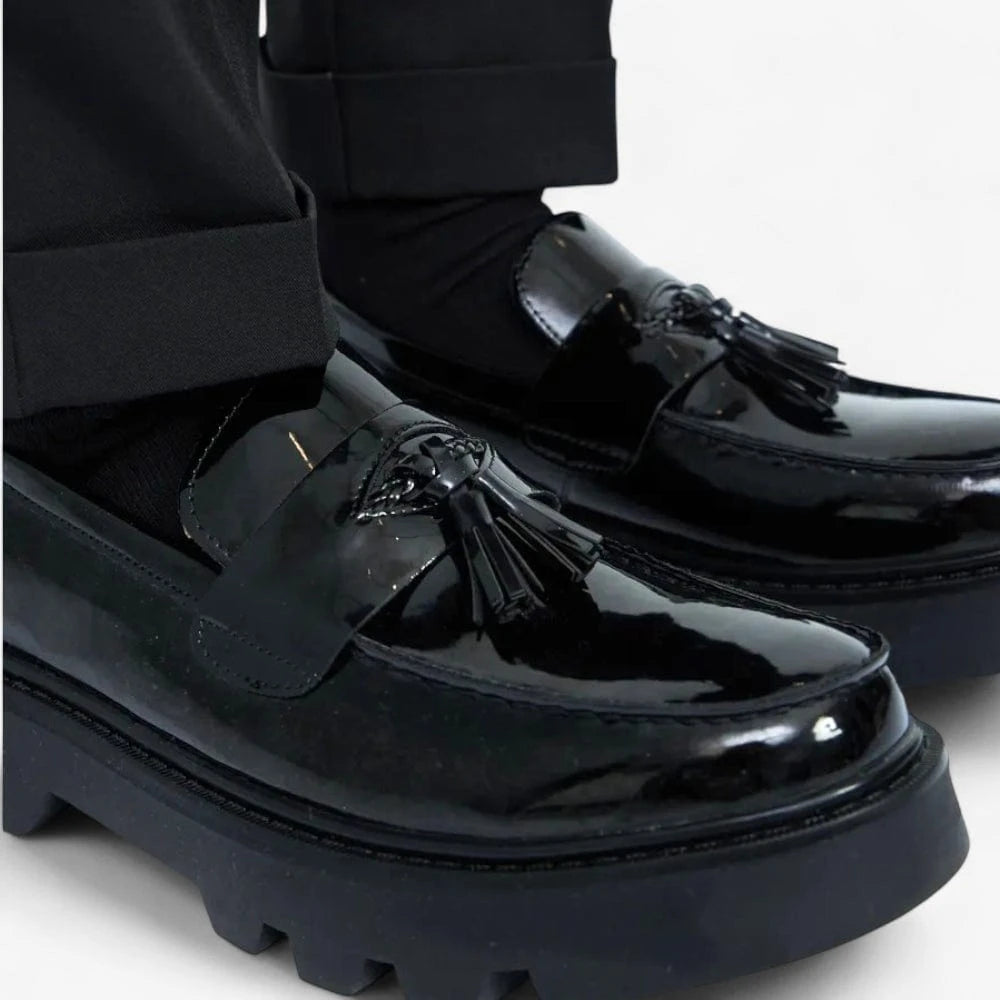 AtelierMocassin Mocassins Homme en Cuir Vernis noir à gland Plateforme