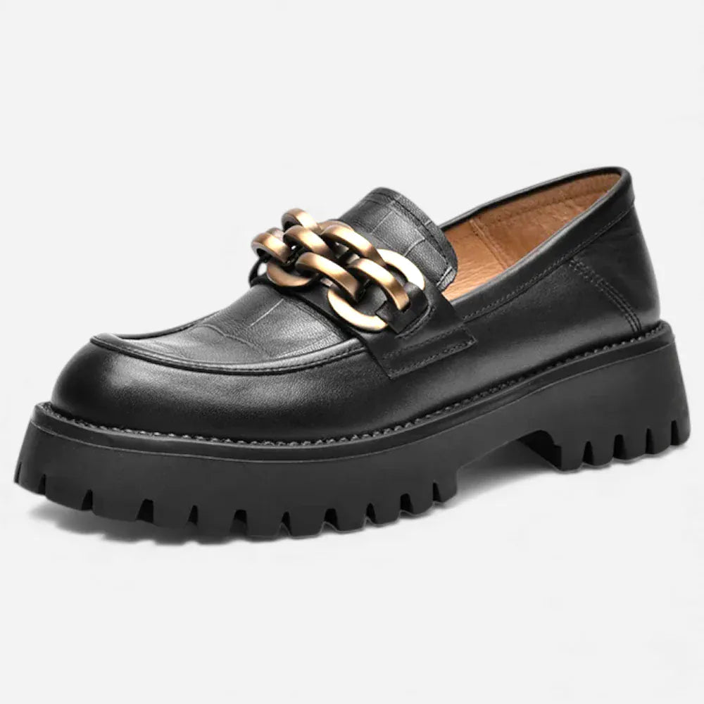 AtelierMocassin Noir / 35 Mocassins Femme en Cuir Noir Plateforme avec Chaine