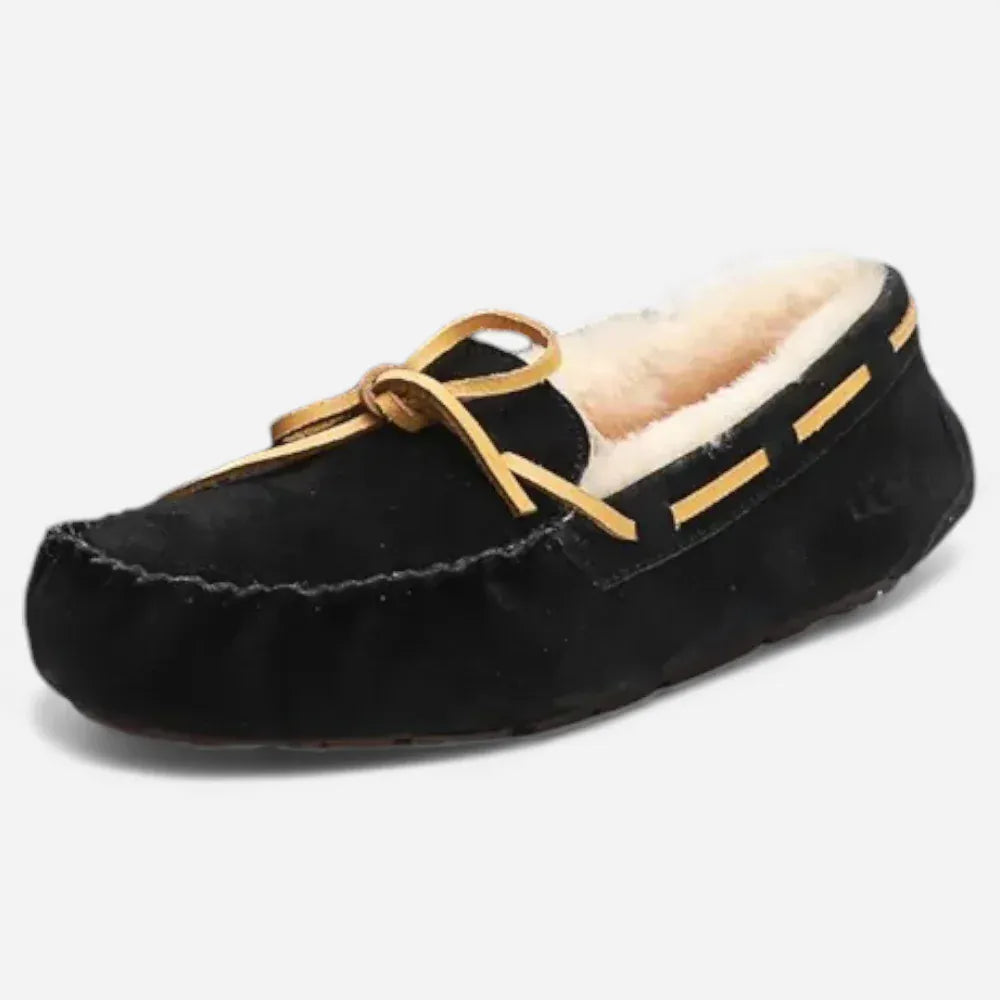 AtelierMocassin Noir / 36 Mocassins Femme Hiver en Cuir & Laine Noirs à Lacet Décoratif