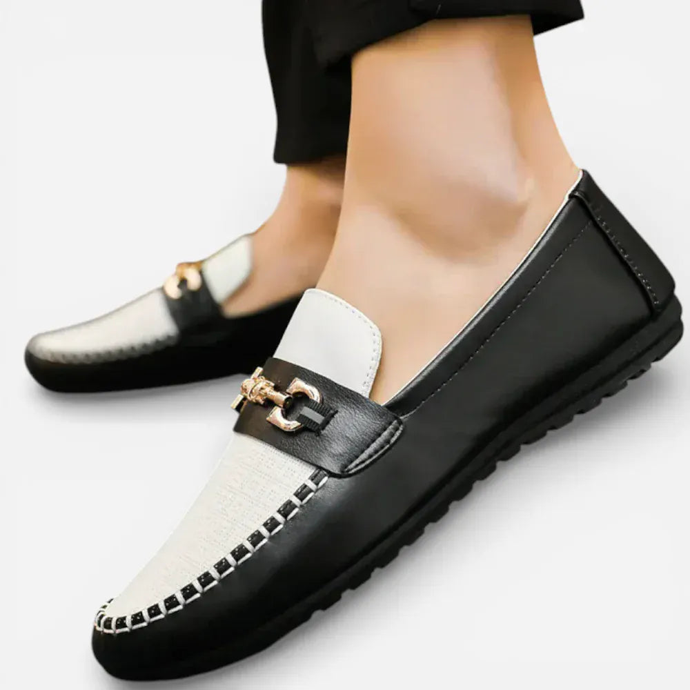 Mocassins Homme en Cuir Noir & Blanc Souple Slip-On