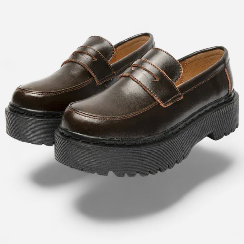 Mocassins Femme en Cuir Marron Plateforme Slip-On