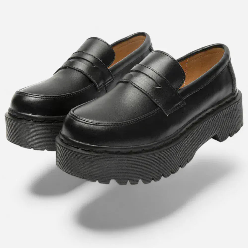 Mocassins Femme en Cuir Noir Plateforme Slip-On