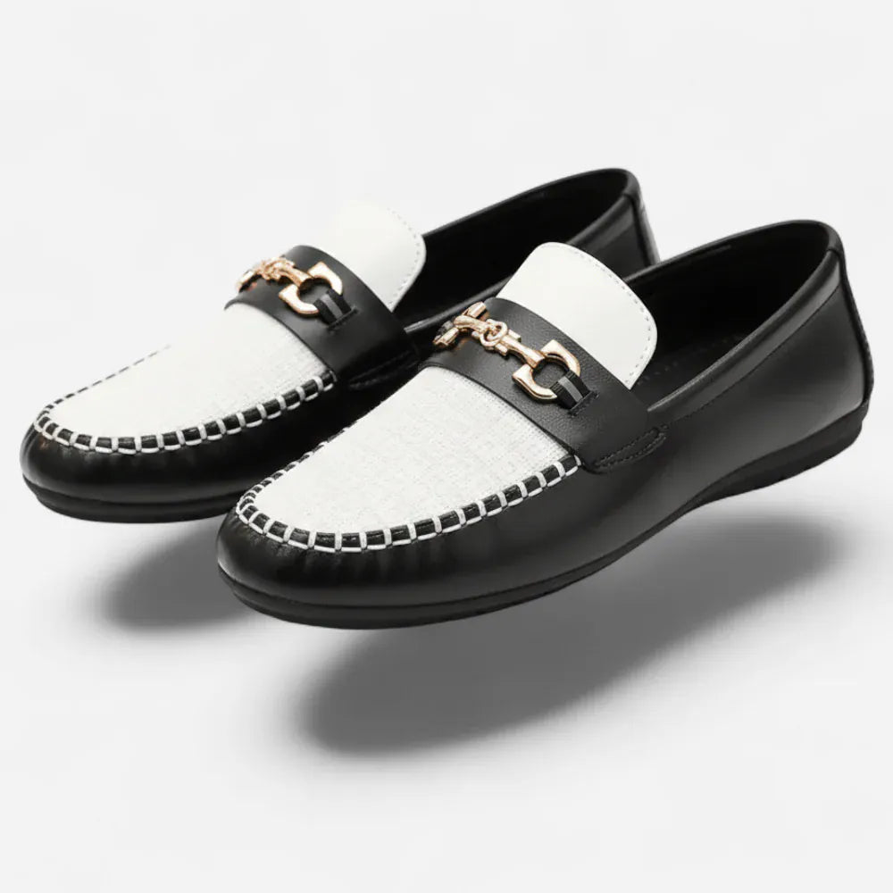 Mocassins Homme en Cuir Noir & Blanc Souple Slip-On