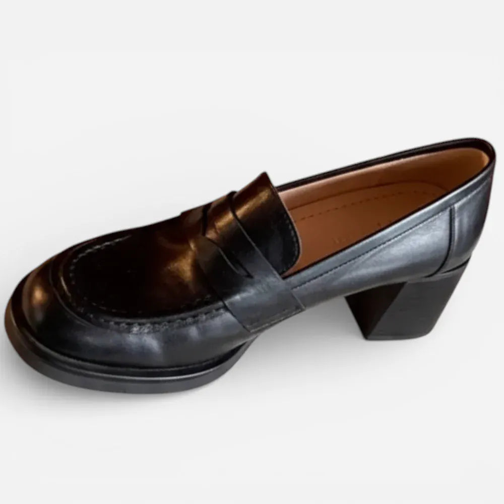 Mocassins Femme en Cuir Véritable Noir à Talon