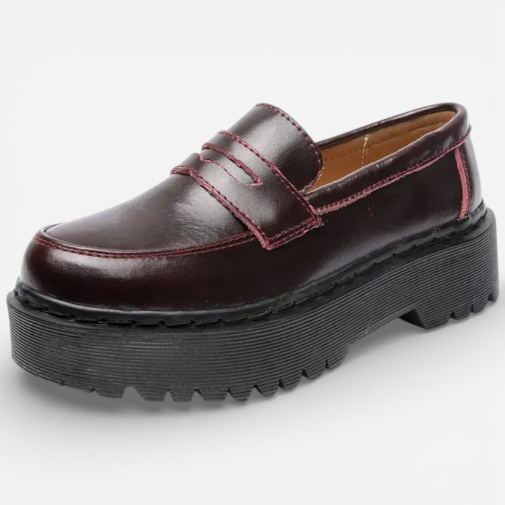 Mocassins Femme en Cuir Bordeaux Plateforme Slip-On