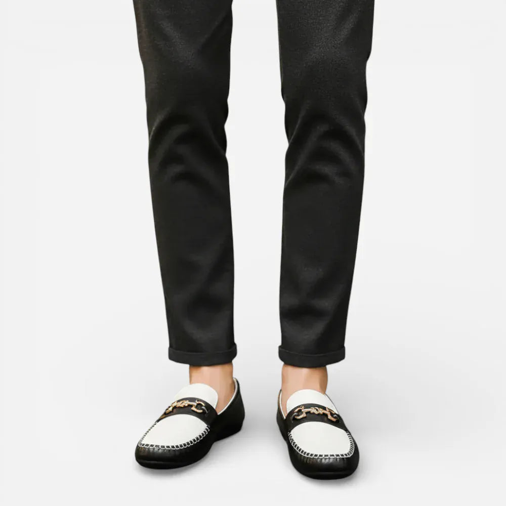 Mocassins Homme en Cuir Noir & Blanc Souple Slip-On