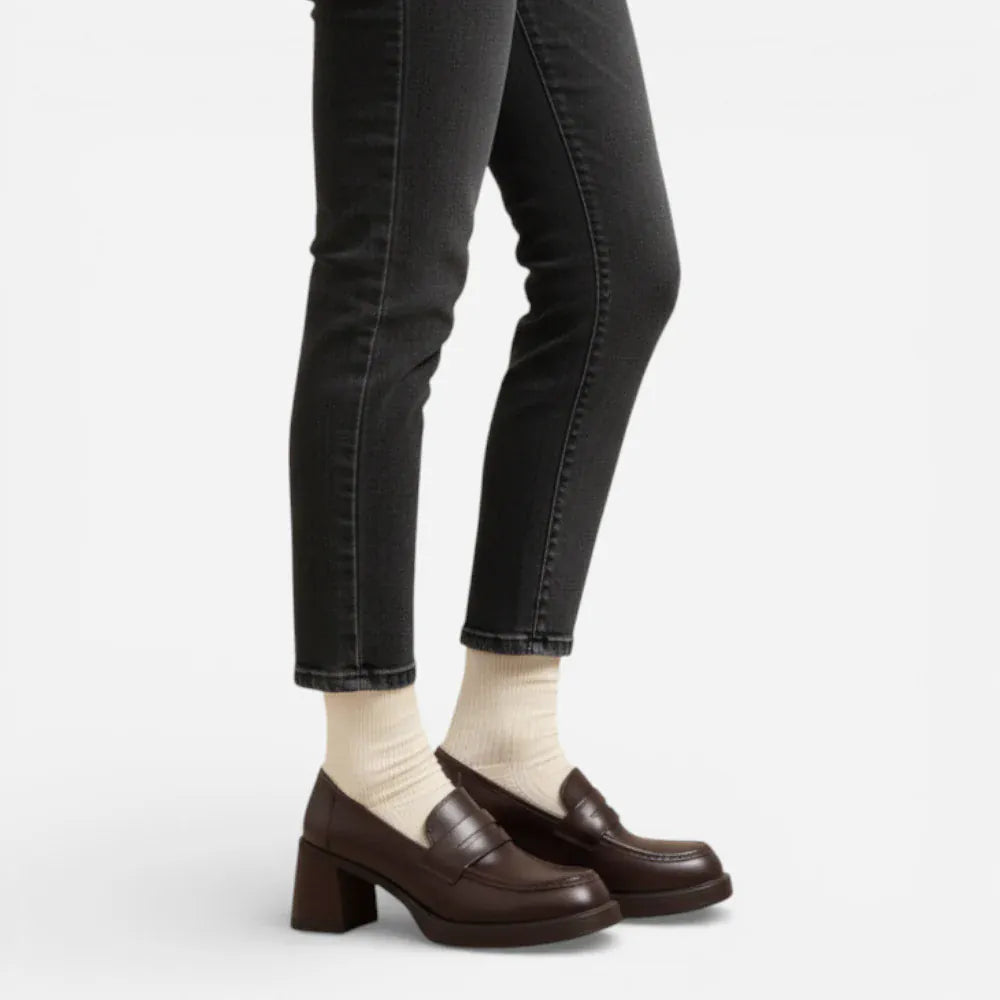 Mocassins Femme en Cuir Véritable Marron à Talon