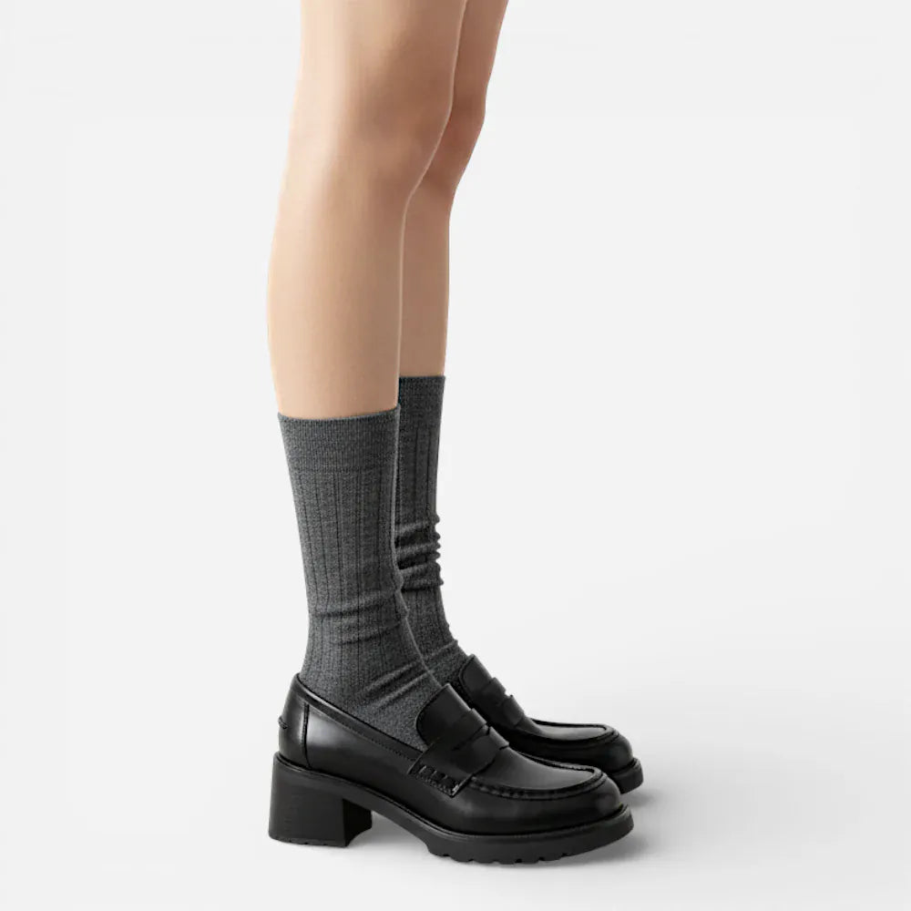 Mocassins Femme en Cuir Véritable Noir à Talon